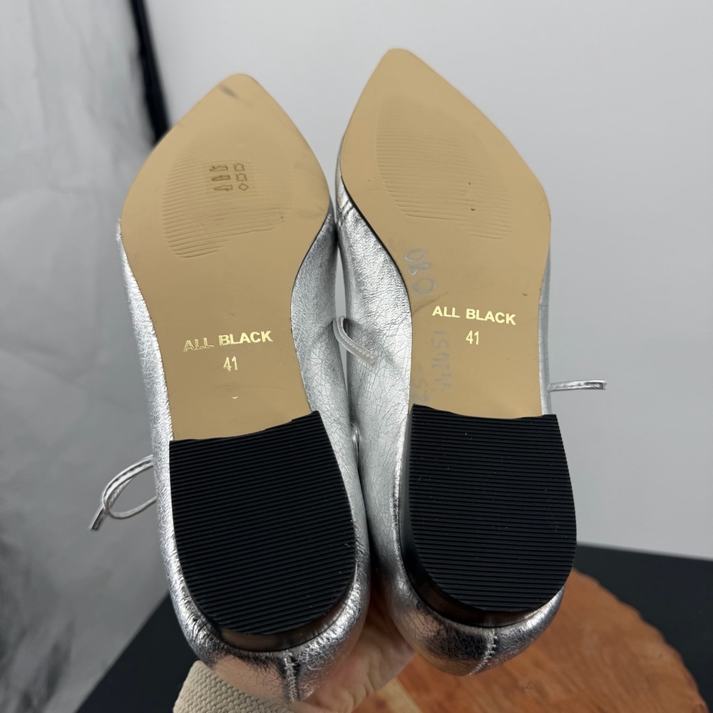 All Black Silver Leather Ghillie 24 Pointy Lace Up Flat Shoes 41 10.5 - Picture 5 of 7